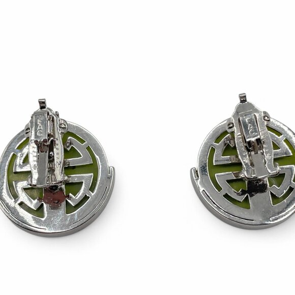 Vintage BUTLER 5th Ave Jade Glass & Pave Rhinestone Silver Tone Clip on Earrings - Picture 9 of 10